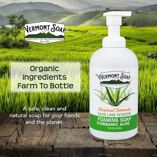 VERMONT SOAP Organic Sage Lime Wisdom Foaming Hand Soap - Natural Moisturizing Soap for Dry Skin - Fragrance Free Liquid Bathroom Hand Soap Dispenser - Sage Lime Wisdom - 12 oz