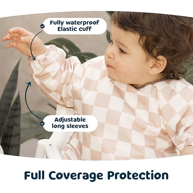 Tiny Twinkle Long Sleeve Bib for Babies & Toddlers – 2 Pack Waterproof Smock Bibs for Eating – Machine Washable & Mess-Proof, Baby Feeding Essential & Shower Must-Have (Pink,Beige Checkers, 6-24M)