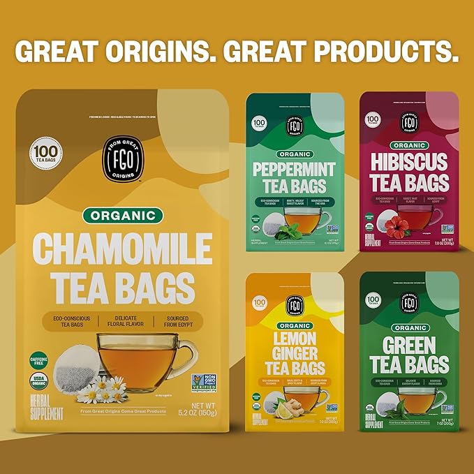 FGO Organic Chamomile Tea, 100 Eco-Conscious Tea Bags, Caffeine Free, Resealable Bag, Packaging May Vary (Pack of 1)