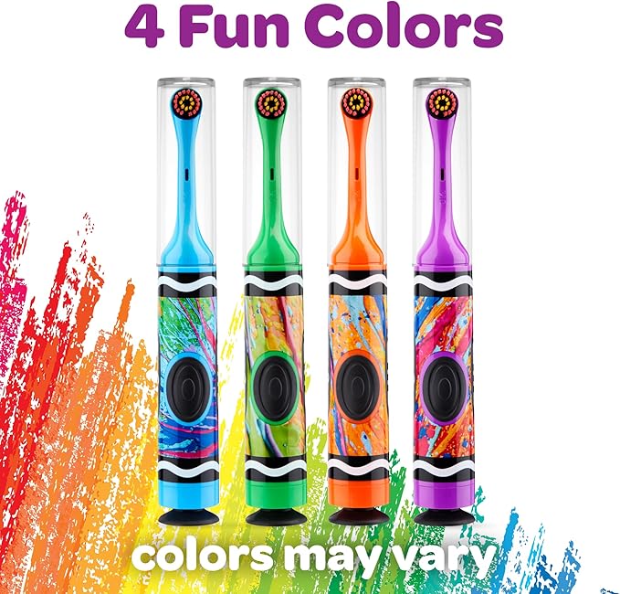 GUM Crayola Power Toothbrush for Kids, Extra Soft Bristled Toddler Toothbrushes, Travel Cap + Suction Cup Base, Batteries Included, 1 Count