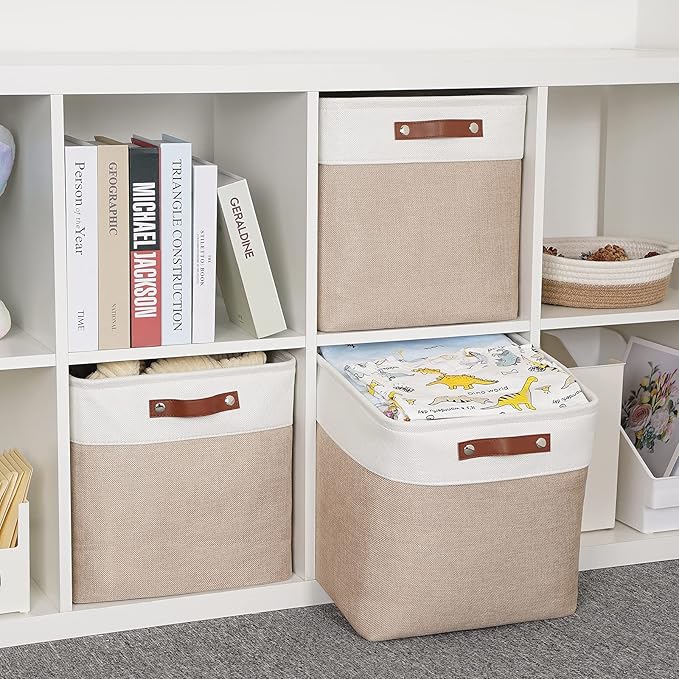HNZIGE Cube Storage Baskets for Shelves Foldable Storage Baskets(3 Pack) Cube Storage Bin,13 Inch Storage Basket for Organizing with Leather Handles for Toys, Clothes, Kids, Closet (White&Beige)