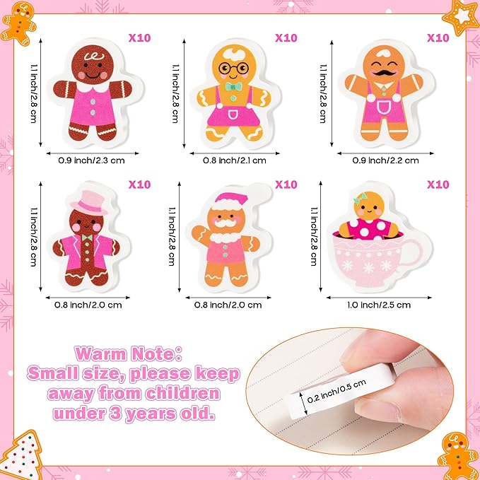 CJiangpo 60Pcs Christmas Erasers for Kids Bulk, Cute Mini Gingerbread Man Pencil Rubber Erasers Novelty Desk Pets for Classroom Rewards Holiday Christmas Party Favors Filler Stocking Stuffers