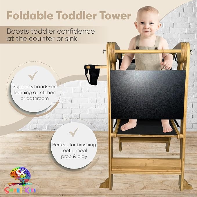 SK Designs Foldable Toddler Tower with Cup Holder - Kitchen Learning Stool Helper, Montessori Kids Standing Tower for Counter, Collapsible, Adjustable Baby Step Stool with Safety Net for Bathroom Sink