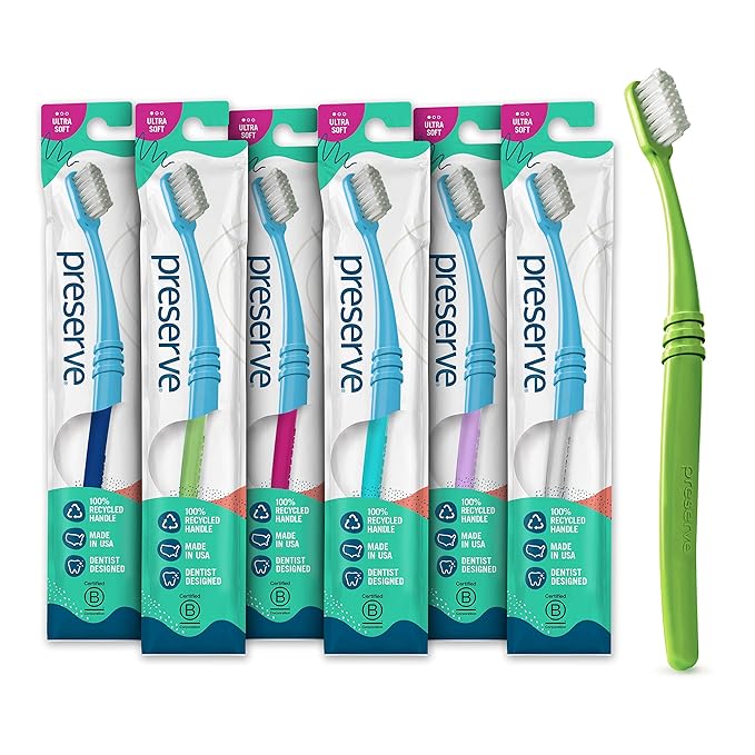 Preserve Eco Friendly Adult Toothbrushes, Made in The USA from Recycled Plastic, Lightweight Package, Ultra Soft Bristle BPA Free Tooth Brush, Colors Vary, 6 Pack