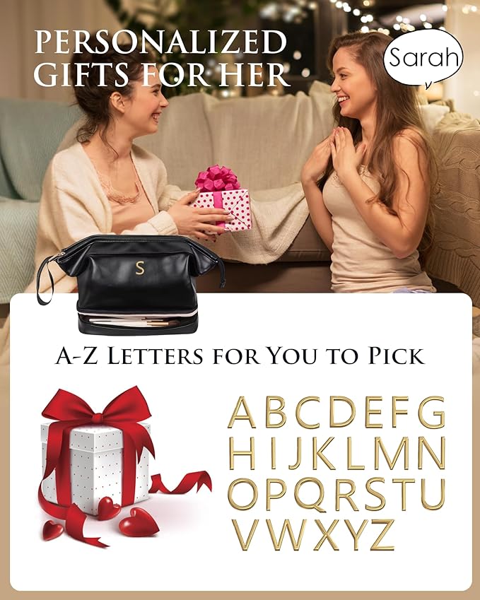 Girlfriend Gifts, Personalized Makeup Bag, Initial Double Layer Cosmetic Bag with Makeup Brush Organizer, PU Leather Travel Toiletry Bag Gifts for Women Her Friend Sister Mom Gifts