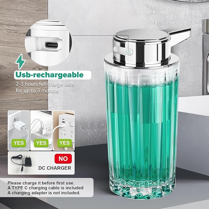 Automatic Soap Dispenser Foam for Kitchen: 11 OZ Glass Touchless Clear Auto Foaming Soap Dispenser for Bathroom - Hand Dish Lotion Home Countertop Kids - Family Couple