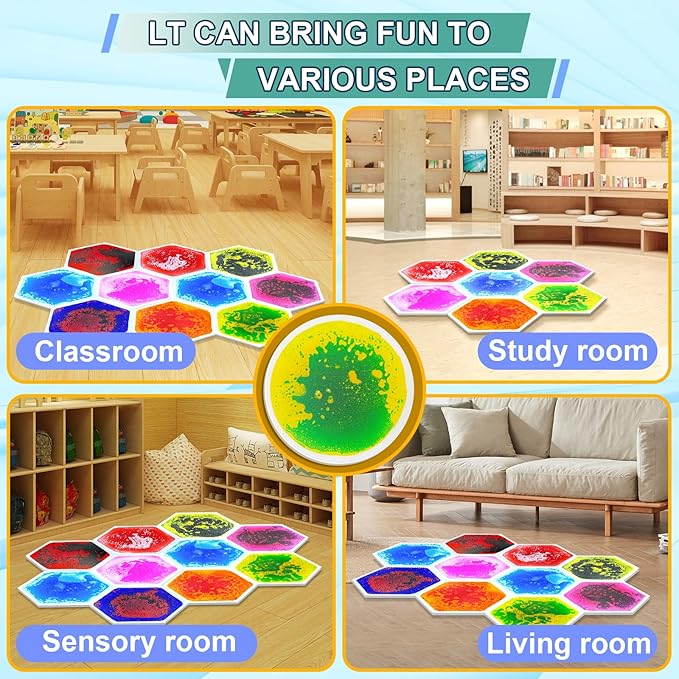 Liquid Sensory Floor Tiles - 6 PCS Hexagon Sensory Floor Pads for Kids Aged Over Three Years Old