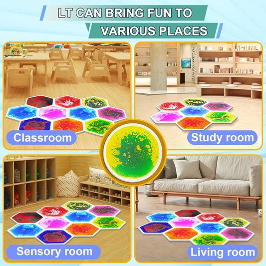 Liquid Sensory Floor Tiles - 4 PCS Hexagon Sensory Floor Pads for Kids Aged Over Three Years Old