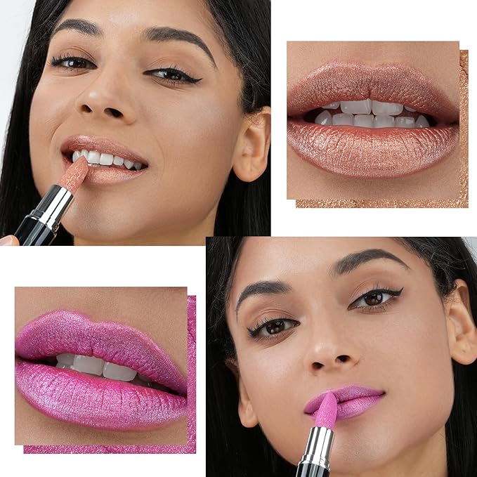 Anglicolor 2pcs Metallic Glitter Gold and Pink Lipstick High Impact Lipcolor,Moisturizing Creamy Formula,Lipstick For Women,Smooth and Non-Sticky,Full-Coverage Lip Color