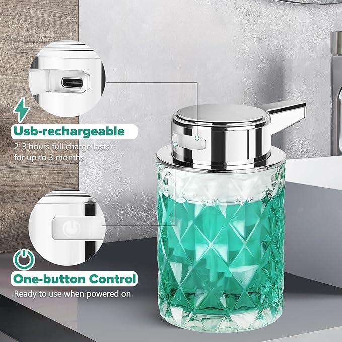 Automatic Soap Dispenser Foam for Bathroom: 8 OZ Glass Touchless Clear Auto Foaming Soap Dispenser for Kitchen - Hand Dish Lotion Home Countertop Kids - Family Couple