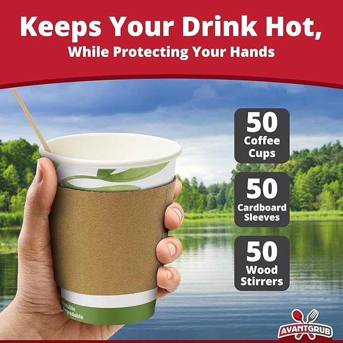 50Pk of 12Oz Recyclable Hot Drink Cups Wood Stirrers and Cardboard Coffee Sleeves. Biodegradable Compostable and Disposable Decorative White Coffee Cups Useful for Eco Friendly Business and Cafes.