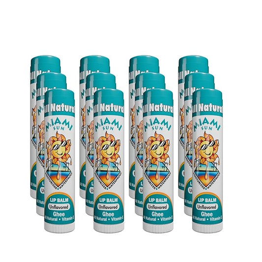 Miami Sun Natural Ghee Lip Balm, Hydrating Lip Treatment with Shea Butter & Beeswax, Organic & Non-Toxic, Best for Dry, Chapped Lips - Moisturizing, Healing, Chemical-Free Lip Care (12 Count, Natural)