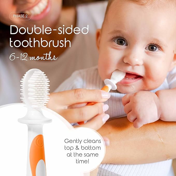 Cherish Baby Care Baby Toothbrush & Toddler Toothbrush Set (0-2 Years) - BPA-Free & Safety-Tested, 2023 Award Winner, Food-Grade Silicone (Orange)