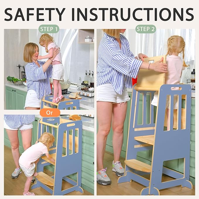 WINGYZ Toddler Kitchen Stool – Adjustable Helper Tower for Kids with Safety Rail, Wooden Standing Step-Up Stool, Sliding Door & Stable Base, Light Blue