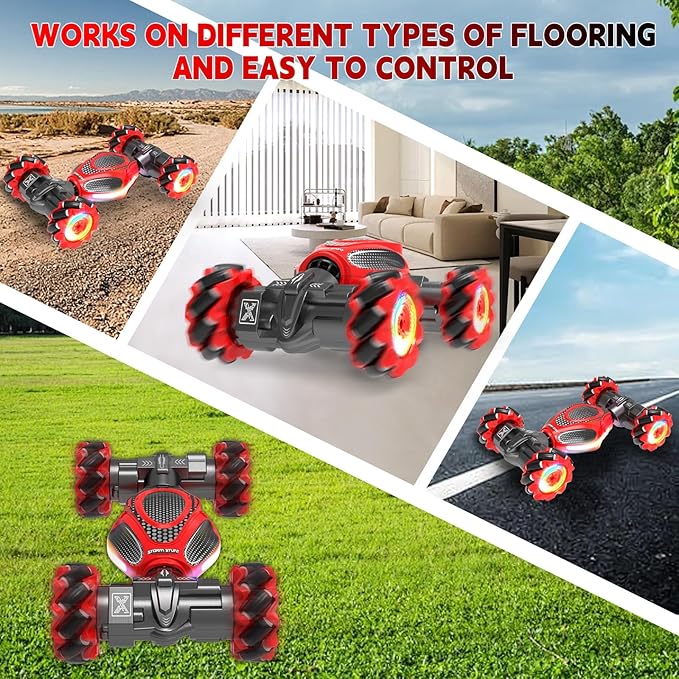 Remote Control Car for Boys - RC Cars for Boy Age 4-12, Gesture Sensing RC Stunt Drift Car for Kids Toys 4 5 6 7 8 9 10 11 12 Year Old Boy Birthday with Cool Lights Music (Red-Black)