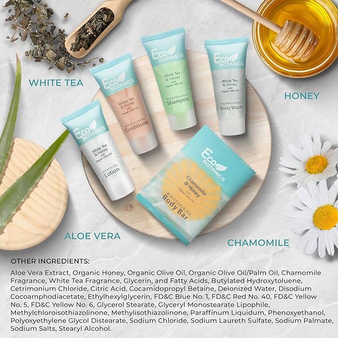 Terra Pure Eco Botanics Hotel Soaps & Toiletries Bulk Set | 0.85oz Hotel Shampoo & Conditioner, Body Wash, Body Lotion & Bar Soap Travel Size | 300 Pieces