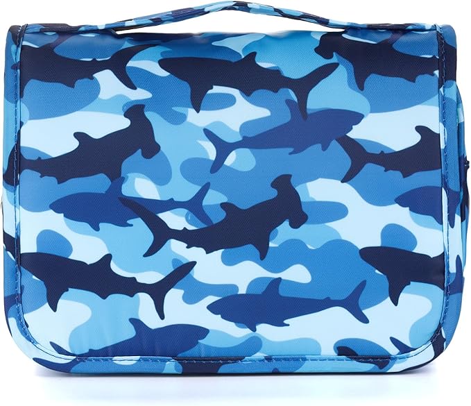 Kids Hanging Toiletry Bag for Boys, Travel Toiletry Bag for Little Young Boys Waterproof Wash Bag Toddler Traveling Toiletries, Shark Blue Camo