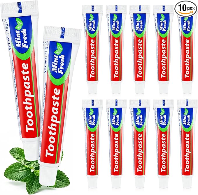 10 Tubes Bulk Travel Size Mini Toothpaste, 0.35 oz Disposable Mint Flavor Pocket Teeth Paste Small Essential Toothpaste for Travel, Home/Hotel/Guests/Charity/Homeless/Camping Oral Care (Single Use)