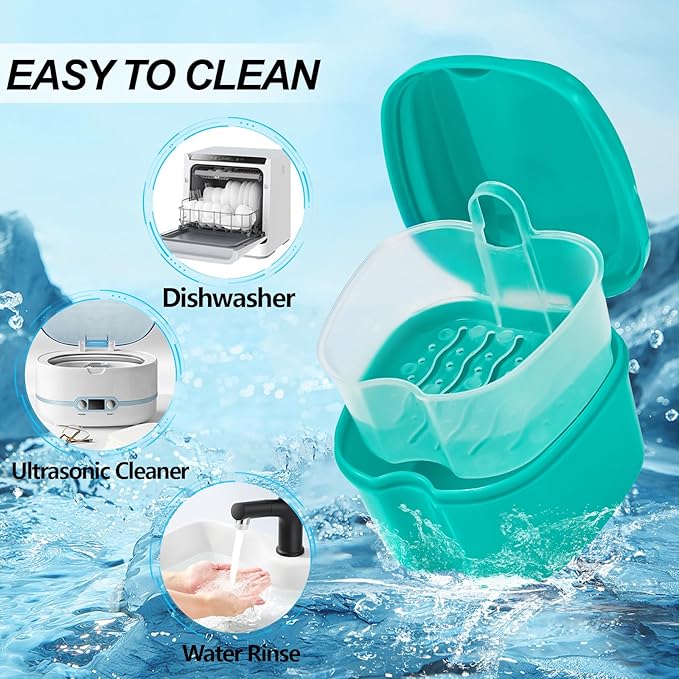 2 Pack Partial Denture Bath Case Retainer Cleaning Case Travel, Denture Storage Container False Teeth Case Denture Cups for Soaking Full Dentures, Braces, Mouth Guard - Lake Green & White