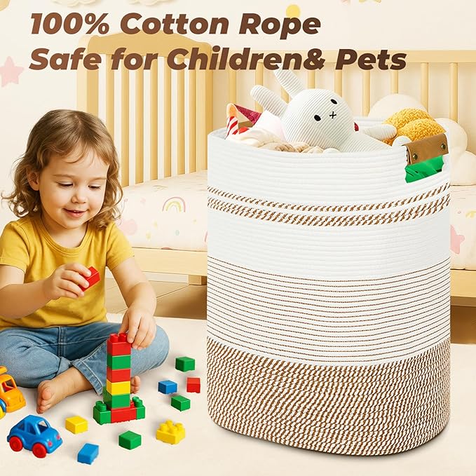 Laundry Basket with Handles - Blanket Basket & Hampers for Bedroom Aesthetic, Laundry Hamper & Blanket Storage for Living Room, Clothes Hamper, Tall, Large 17" x 14" x 22”, Brown & White