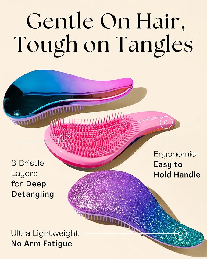 Lily England Detangler Hair Brush for Curly, Thick, Straight & Natural Hair - Gentle Detangling Brush for Women, Kids & Toddlers with Flexible Bristles - Smooth Hairbrush for Wet & Dry Hair, Ombre