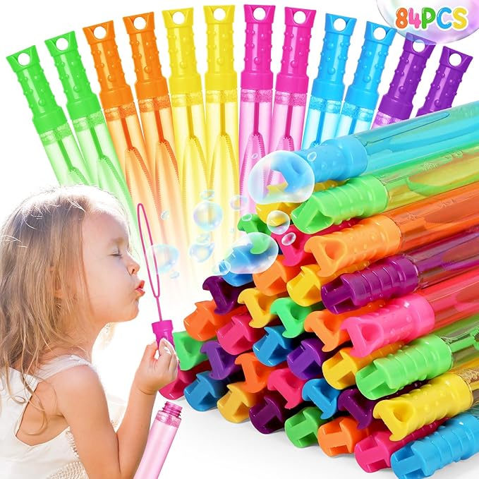 Bubble Wands, 84 Pcs Bubble Wands Bulk in 6 Colors，Bubble Party Favors for Kids, Summer Toys, Indoor Outdoor Activity, Themed Birthday, Wedding, for Girls & Boys