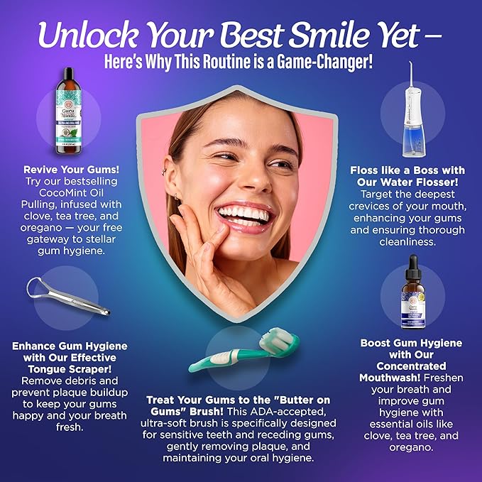 GuruNanda Gums of Steel Kit – Advanced Dental Water Flosser (UV Mode), Concentrated Mouthwash, Cocomint Pulling Oil, Butter on Gums Toothbrush & Tongue Scraper for Overall Oral Hygiene