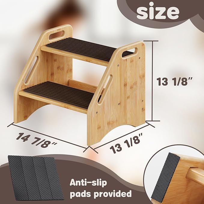 AMBIRD Wooden Step Stool with Washable and Removable Mats, Toddler Step Stools 300 lbs Capacity with Non-Slip Pads and Handles, Kid Step Stool for Kitchen, Bathroom, Bedroom (Natural with Brown Mats)