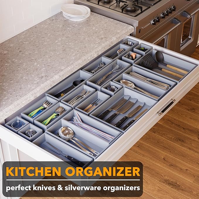 SpaceAid 21-Piece Bamboo Drawer Organizer Storage Boxes Set, Wood Tray Junk Drawer Organizers Multi-Use Divider Bins for Kitchen, Bathroom, Office Desk and Makeup Organization (21 Pack, Gray)