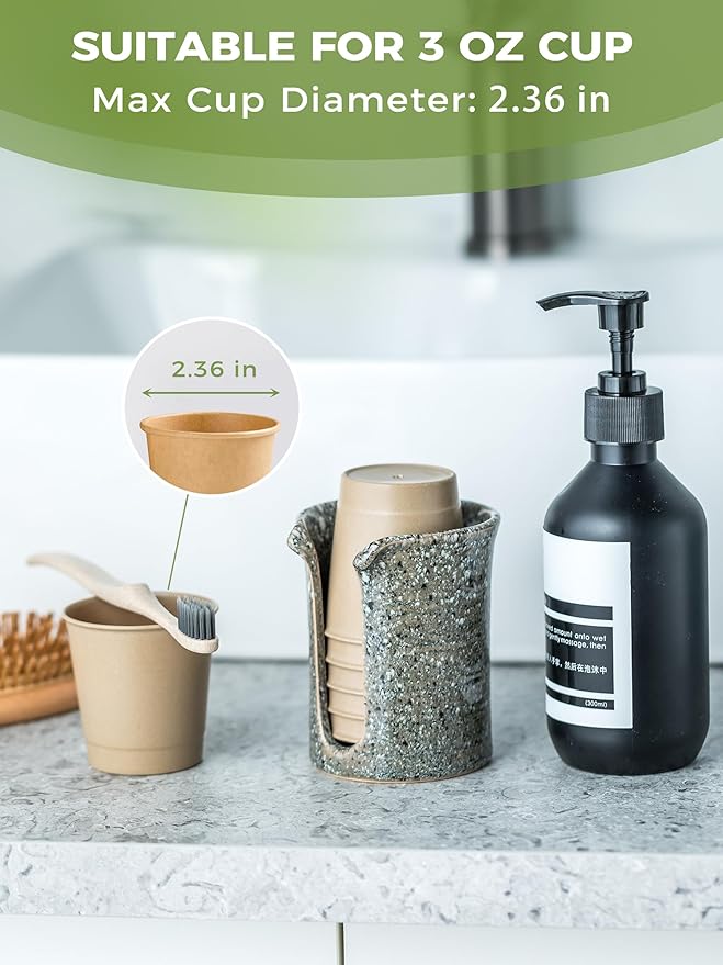 Ceramic Bathroom Cup Holder, Bathroom Cup Dispenser for Dixie Cups 3 Oz Bathroom Cups, Mouthwash Cup Dispenser Small Paper Cups Holder for Bathroom Vanity Countertop, Stoneware Design, Gray