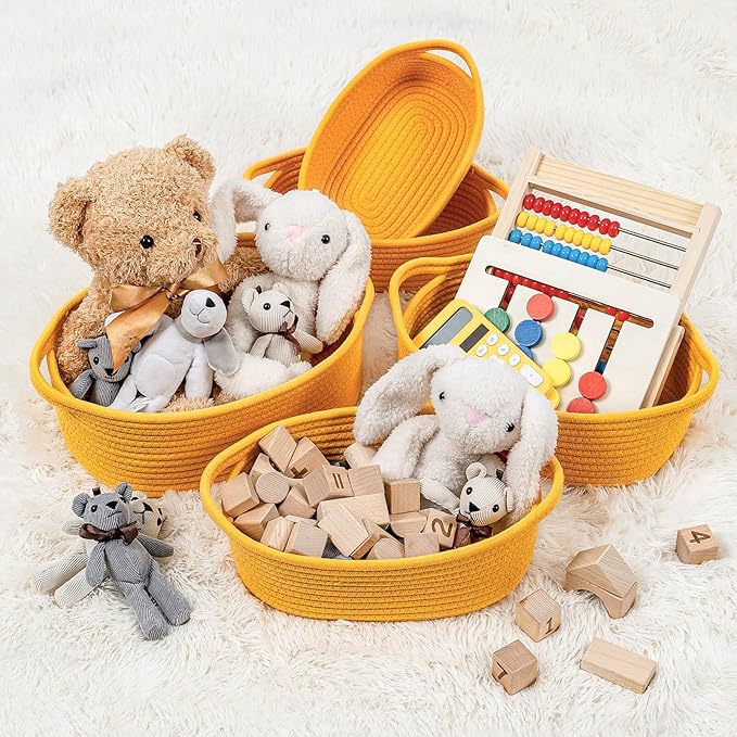 CubesLand Small Cotton Rope Storage Basket Set 5, Shelves Baskets for Organizing with Handle, Decorative Closet Storage Bins for Countertop Toilet Paper Basket for Toilet Tank Top,Yellow Basket