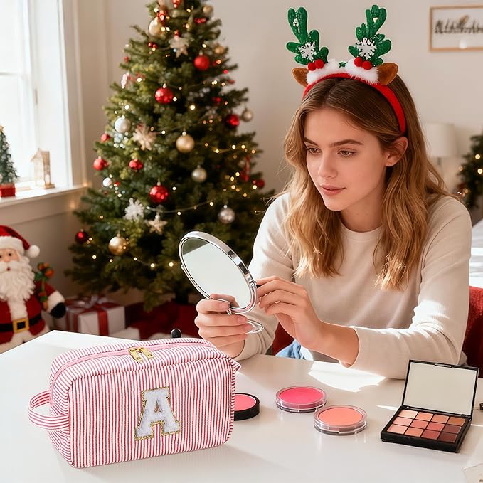 YOOLIFE Pink Cosmetic Travel Makeup Bag - Monogram Cute Initial Makeup Bags Cosmetic Toiletry Pouch Make Up Case for Women Her Best Friend Friendship Teacher, Personalized Birthday Gifts for Women V