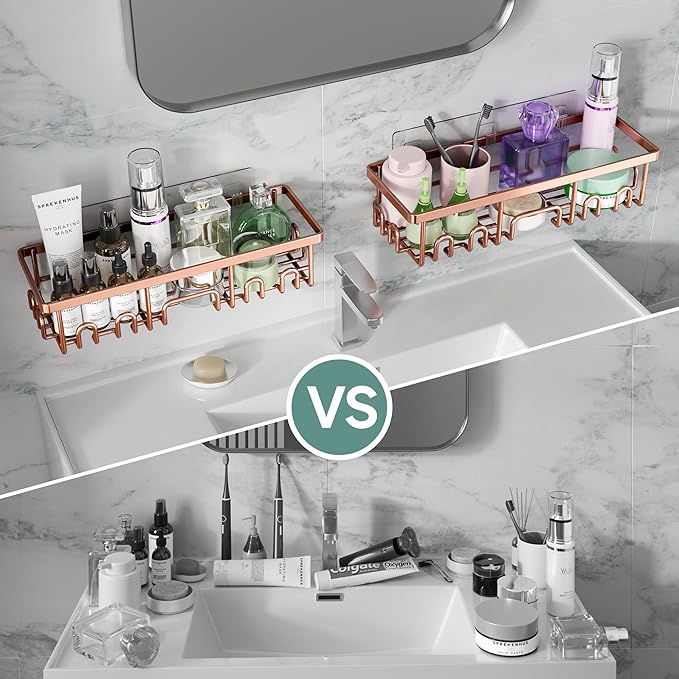 Veken Shower Caddy 6-Pack, No Drilling & Rustproof, Waterproof Adhesive Shelves Rack with Soap Holder, Large Capacity Bathroom Organizers and Storage, Wall-Mounted Kitchen & Home Decor, Rose Gold