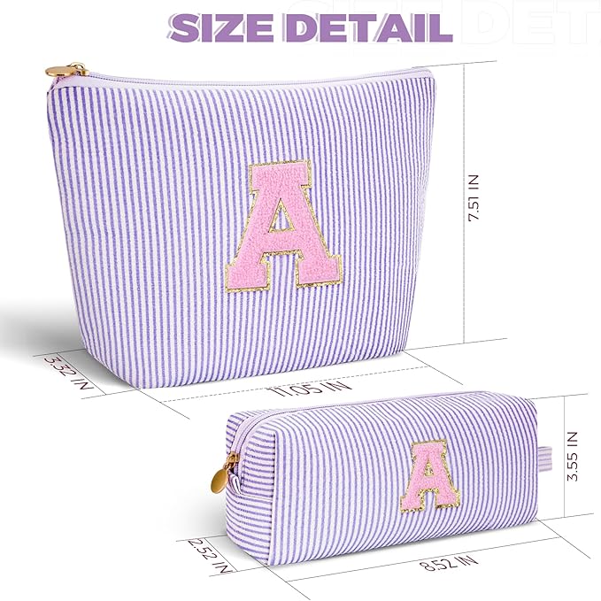 Makeup Bag Set Initials Cosmetic Bag,Birthday Graduation Gifts for 10 11 12 13 14 15 16 17 18 Years Old Girl Girlfriend Teen Girls Gift Trendy Stuff Toiletry Bag Travel - Lavender,A