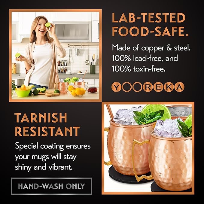 Gift Set Moscow Mule Mugs Set of 4 16 oz Copper Plated Stainless Steel 4 Straws 4 Coasters Jigger Shot Glass Stirring Spoon, Cleaning Brush