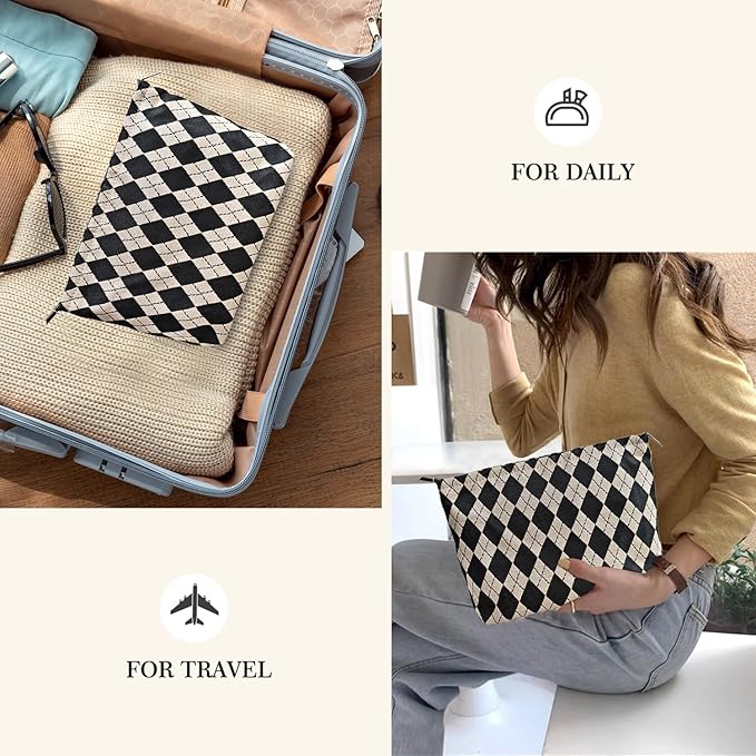 STARDW Parallel Checkered Makeup Bag Cute Cosmetic Bags for Women Girls, Travel Toiletry Bag Large Capacity Zipper Makeup Pouch, Purse Organizer Pouches