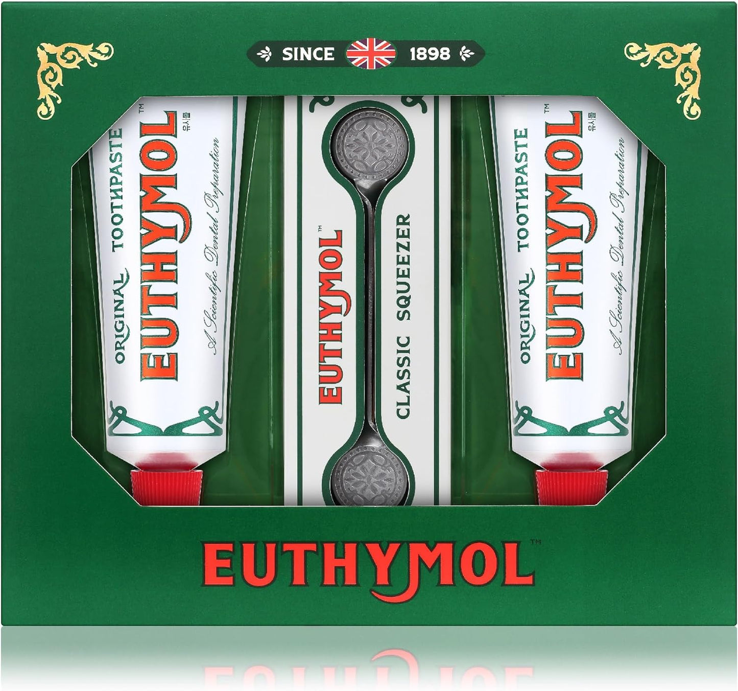 EUTHYMOL Original Toothpaste Set (Gift Set, 3.7fl oz*2, Sqeezer Set) - Fluoride-Free for Sensitive Teeth & Gum. Bad Breath, Cavity Prevention, 12-Hour Long Lasting Freshness with Wintergreen