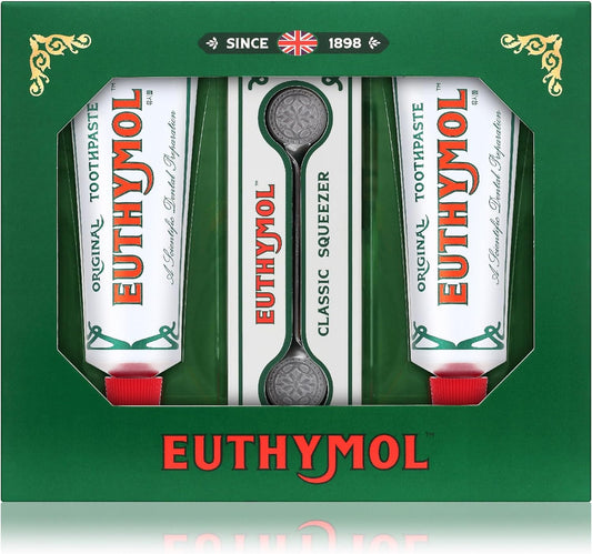 EUTHYMOL Original Toothpaste Set (Gift Set, 3.7fl oz*2, Sqeezer Set) - Fluoride-Free for Sensitive Teeth & Gum. Bad Breath, Cavity Prevention, 12-Hour Long Lasting Freshness with Wintergreen