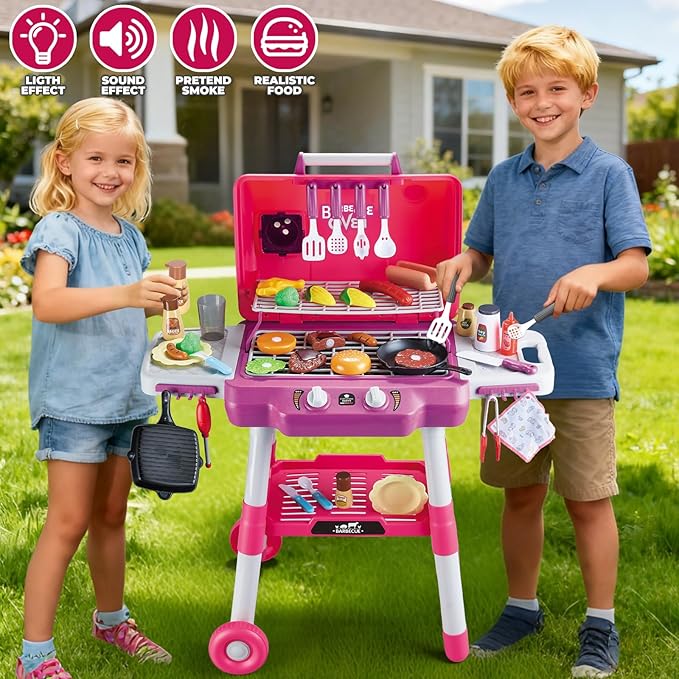 Kids Kitchen Toy Set, Kids BBQ Grill Playset with Smoke Sound Light, 2-Layer Barbecue Toy with Wheel, Simulation Cooking Interactive Toys, Kid Kitchen Playset, Christmas Birthday Gift for Boys Girls