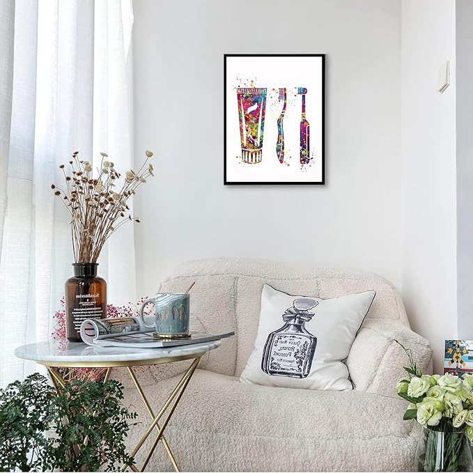 HFKSRJGW Medical Theme Decorations,Dental Care Tools Watercolor Print Tooth Medical Art Surgeon Dental Clinic Decor Gift Dental Dentist Dentistry Office Dental Hygienist,12"x16"Framed Wall Art