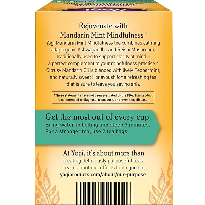 Yogi Tea Mandarin Mint Mindfulness - 16 Bags per Pack (4 Pack) - Organic Mandarin Mint Tea - Calming Herbal Tea - Includes Ashwagandha, Reishi Mushroom, Mandarin, Peppermint & More