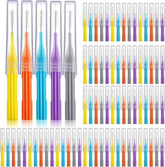 Patelai 100 Pieces Braces Brush for Cleaner Interdental Brush Toothpick Dental Flossing Head Oral Hygiene Flosser Tooth Cleaning Tool(Orange,Yellow, Light Blue, Purple, Grey)