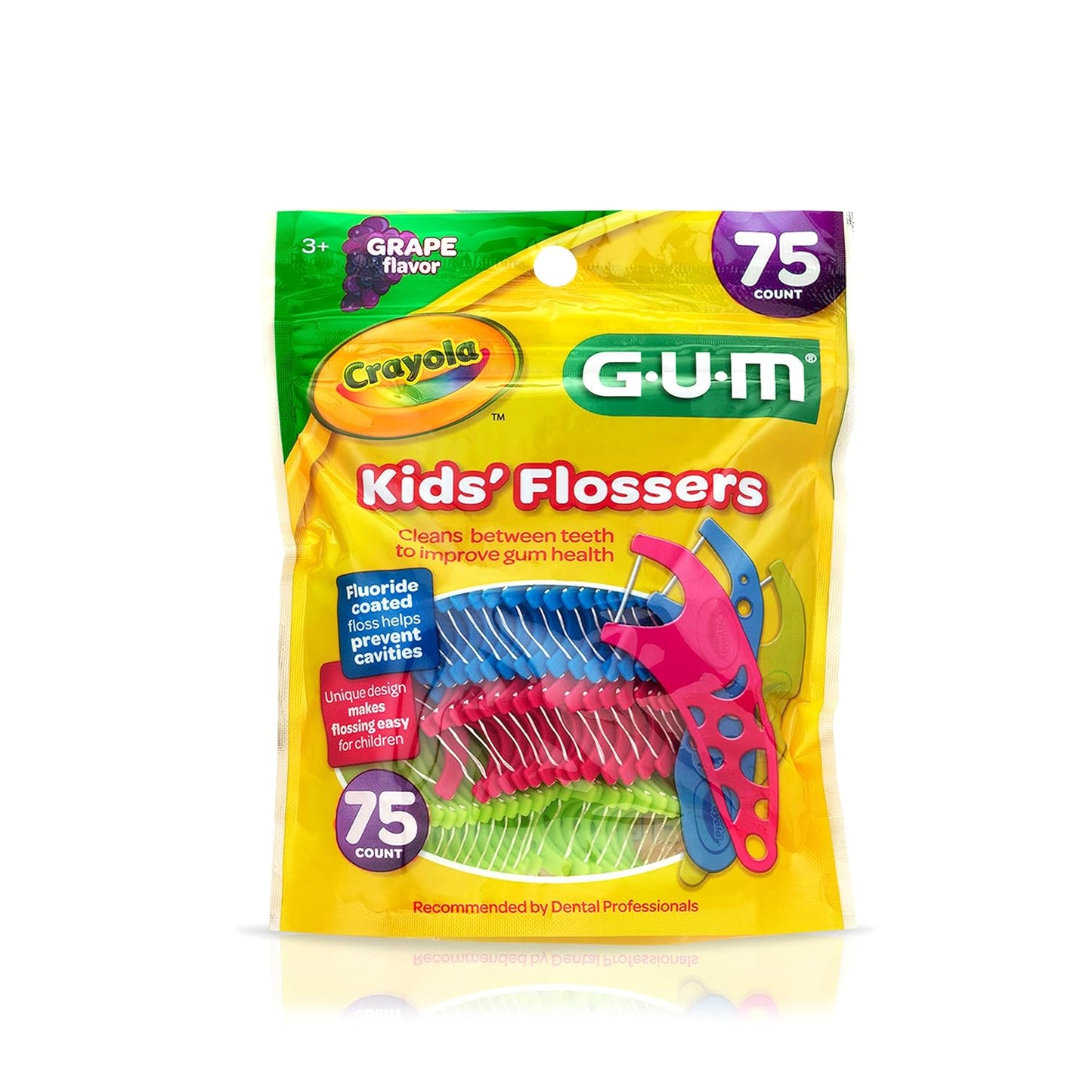 GUM Crayola Kids Flossers with Fluoride - Designed for Little Hands - Fun Grape Flavor - Easy to Use Kids Floss Picks for Children Ages 3+, 75 Count (Pack of 6)