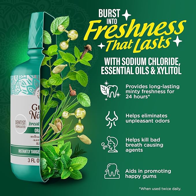 GuruNanda Fresh Breath Mouthwash, ADA-Accepted, Alcohol & Fluoride-Free, Sodium Chlorite, Essential Oils & Vitamins, 12-Hrs Fresh Breath, Wild Mint, 3 oz (Pack of 2)