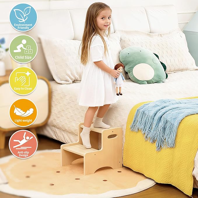 Wooden Toddler Step Stool for Kids, Two Step Stool with Non-Slip Pads & Handles, Potty Training Stool for Bathroom Sink, Toilet, Kitchen, Bedroom (Natural)