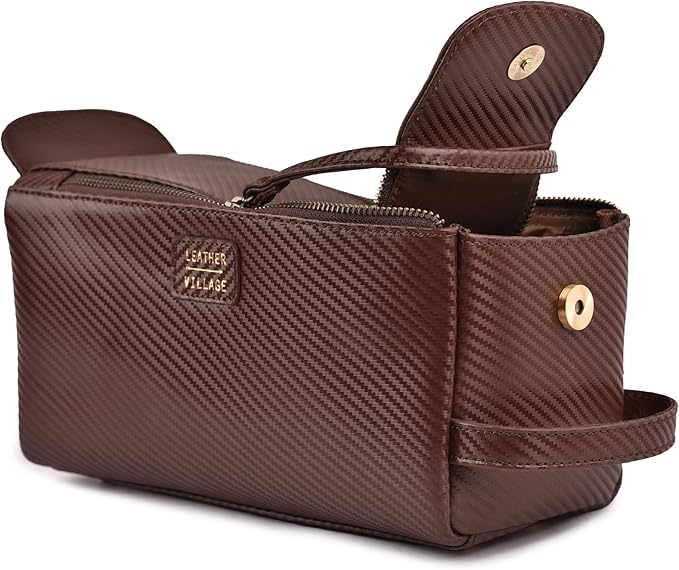 LEATHER VILLAGE Premium Carbon Fiber Genuine Leather Travel Toiletry Bag - Large Compact Dopp Kit, Water-Resistance Shaving & Cosmetic Organizer for Men & Women - Brown