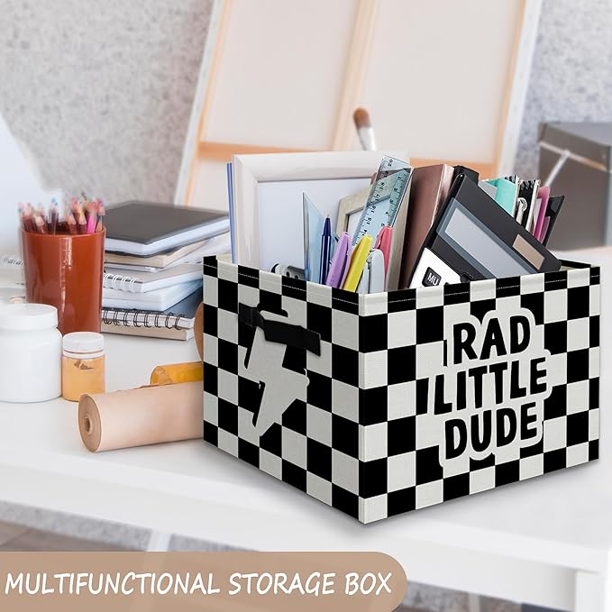 Rad Little Dude Boy Basket Foldable Storage Bins Box with Handles, Black and White Checkered Collapsible Organizer Basket for Kids Boys Bedroom Bathroom Nursery Playroom Clothes Toys Books