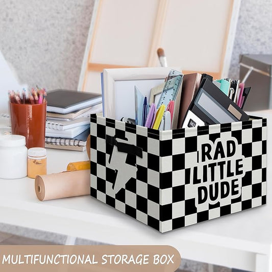 Rad Little Dude Boy Basket Foldable Storage Bins Box with Handles, Black and White Checkered Collapsible Organizer Basket for Kids Boys Bedroom Bathroom Nursery Playroom Clothes Toys Books