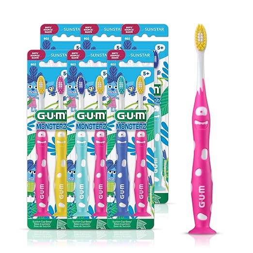 GUM Monsterz Jr Kids’ Toothbrush, Soft Bristled Children’s Toothbrush with Suction Cup, for Ages 5+, 2 Count(Pack of 6)
