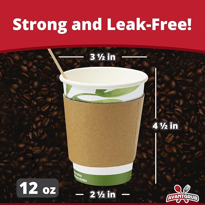 50Pk of 12Oz Recyclable Hot Drink Cups Wood Stirrers and Cardboard Coffee Sleeves. Biodegradable Compostable and Disposable Decorative White Coffee Cups Useful for Eco Friendly Business and Cafes.